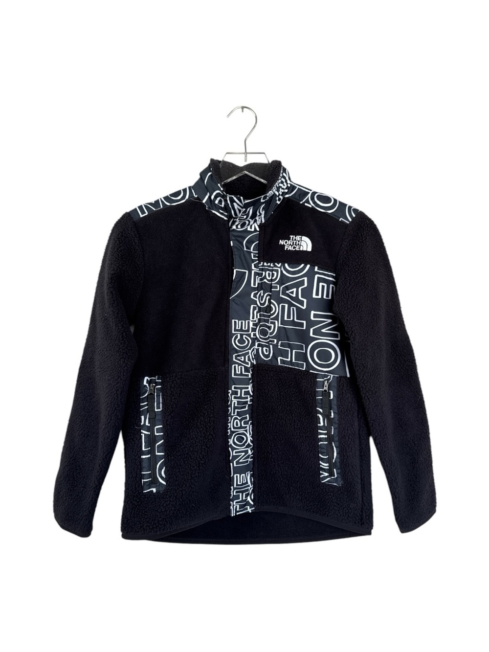 The North Face Boys Size 12 Sherpa Fleece Snap Front Jacket Black Logo Print